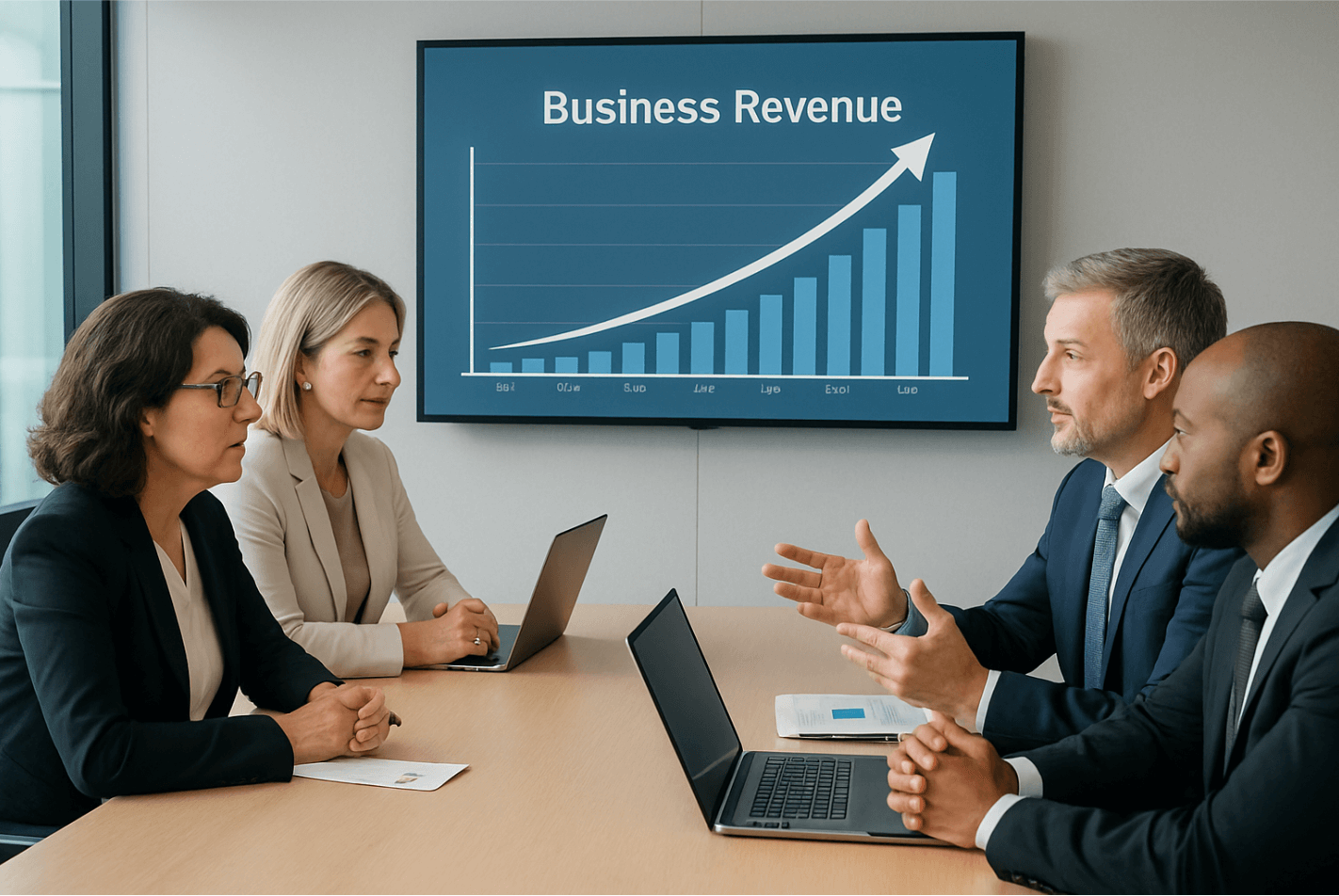 C-suite executives sitting in a modern meeting room, discussing strategy while a screen displays a rising business revenue graph showing steady growth.